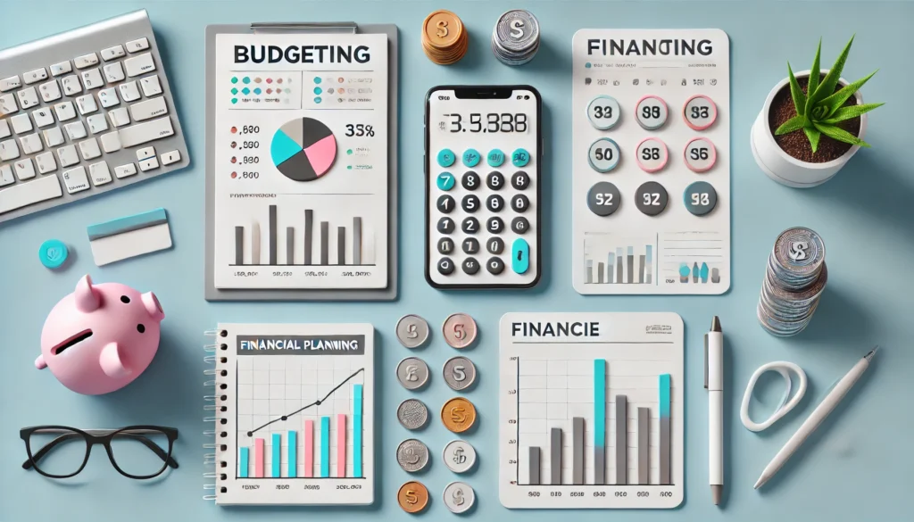 A clean and modern desk setup symbolizing budgeting and financial planning, featuring a calculator, scattered coins, a notebook, and minimalistic char