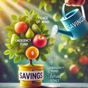 A photo of a tree being watered with a watering can, representing financial growth and savings. The watering can is labeled 'Savings,' and the tree