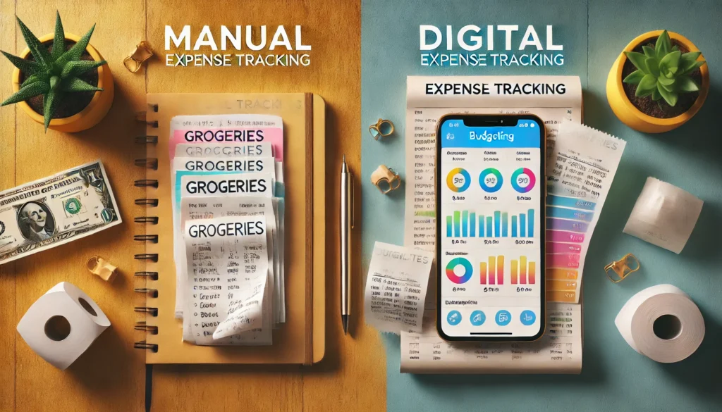 A split-screen image comparing manual and digital expense tracking methods.