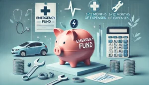 A visual representation of an emergency fund concept with a side view of a piggy bank labeled 'Emergency Fund.' The piggy bank sits on a table surroun