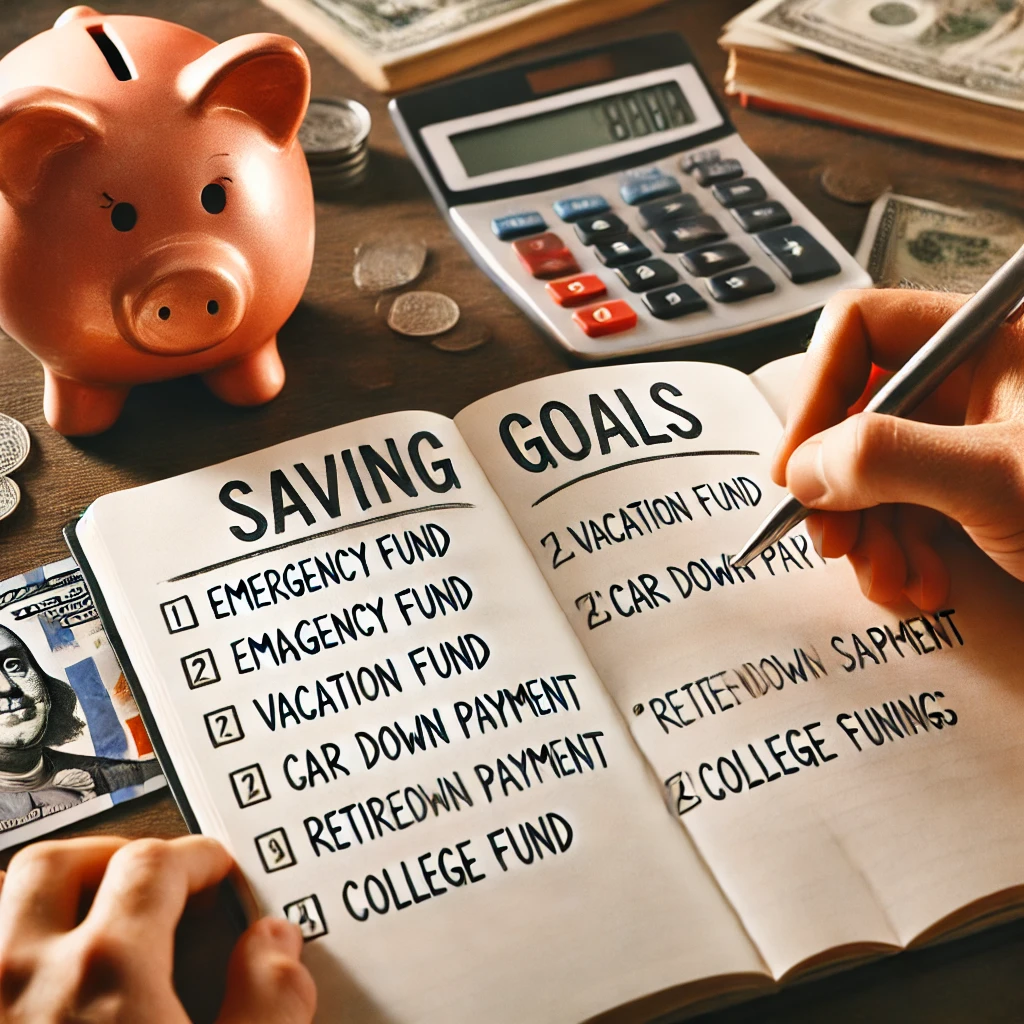 Motivational photo representing financial goal setting. A person is writing realistic saving goals in a notebook, with categories such as Emergency