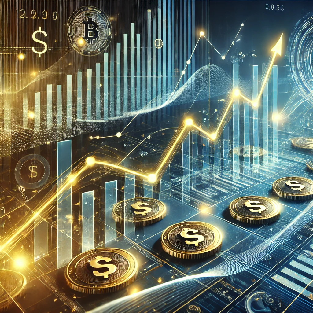 A futuristic and abstract visual representation of money growing over time, symbolizing long-term wealth accumulation