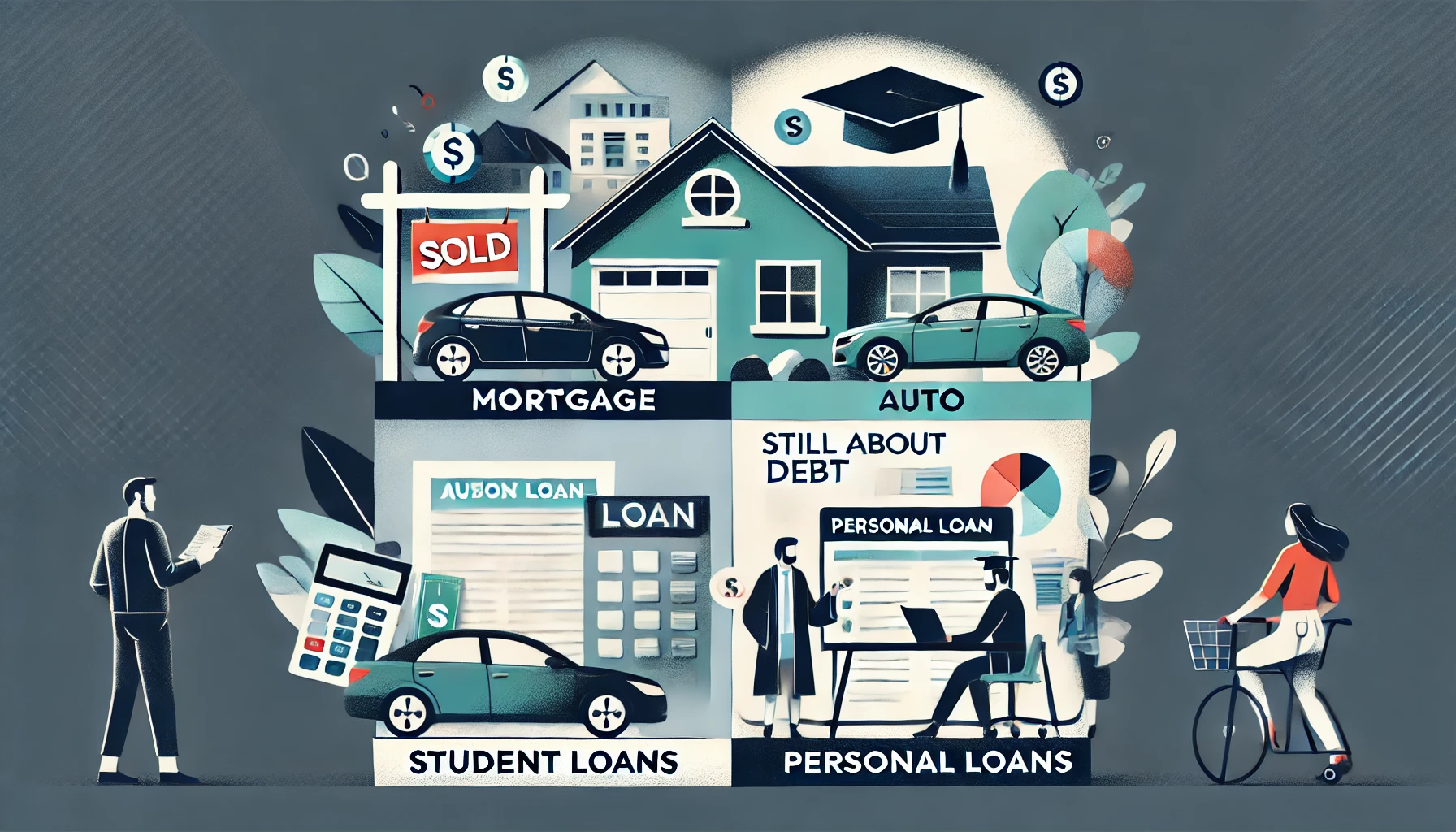 A modern and visually engaging digital illustration split into four quadrants, each representing a different type of loan