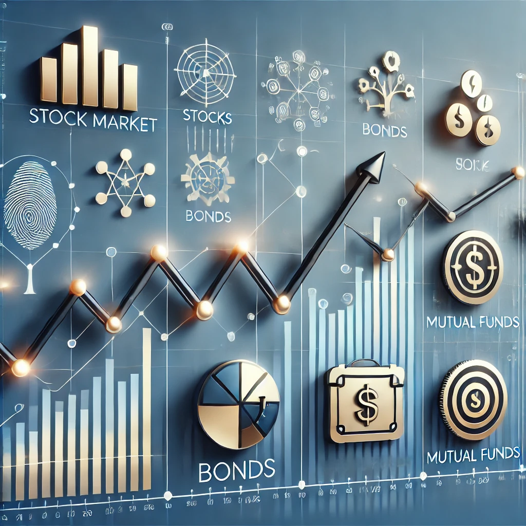 A modern financial chart with icons representing stocks, bonds, and mutual funds