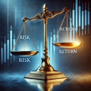 Balanced scale representing the trade-off between risk and return in investing. One side of the scale is labeled 'Risk' and the other 'Return,'