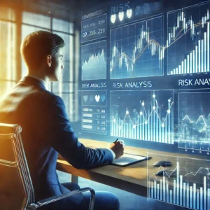 Person assessing financial risks. The individual is seated at a desk, reviewing investment charts and risk analysis