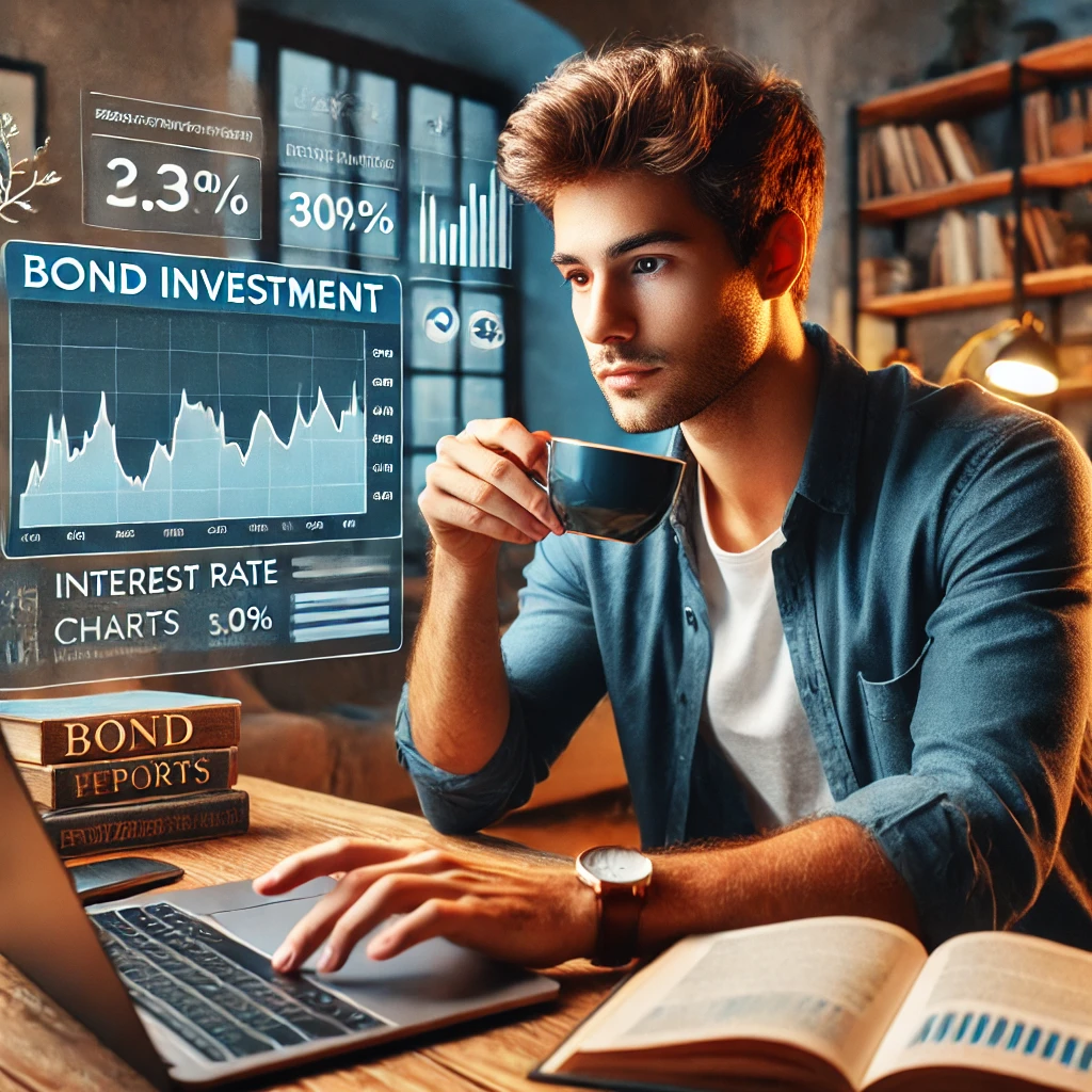 A young, casually dressed investor analyzing bond investment options. The investor is seated at a home desk, reviewing financial reports and interest