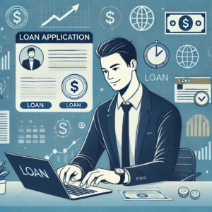 A young person confidently submitting a loan application online, designed in a modern, professional visual style. The individual is seated at a sleek