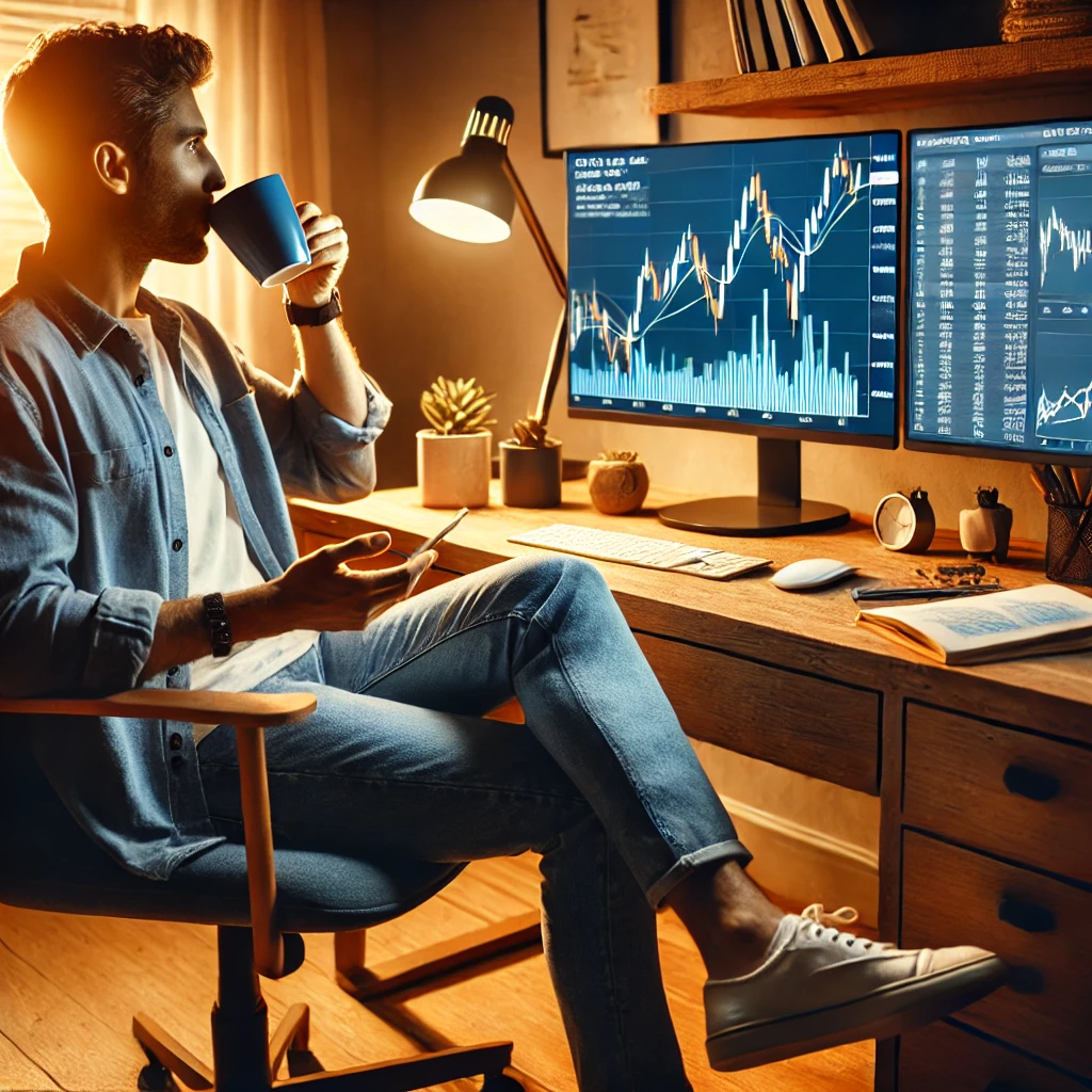 Casually dressed beginner investor analyzing stock charts on a computer screen