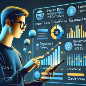 Comparison chart of loan terms and conditions, designed for a Gen Z audience. The chart highlights key factors such as interest rates repayment
