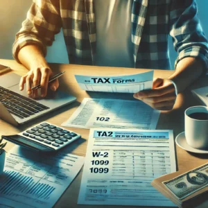 Person organizing tax forms at a desk. The individual is casually dressed, seated with a laptop, calculator, W-2 and 1099 form