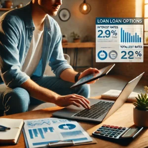 Young person casually dressed, sitting at a desk comparing loan options. The individual is using a laptop with charts or graphs