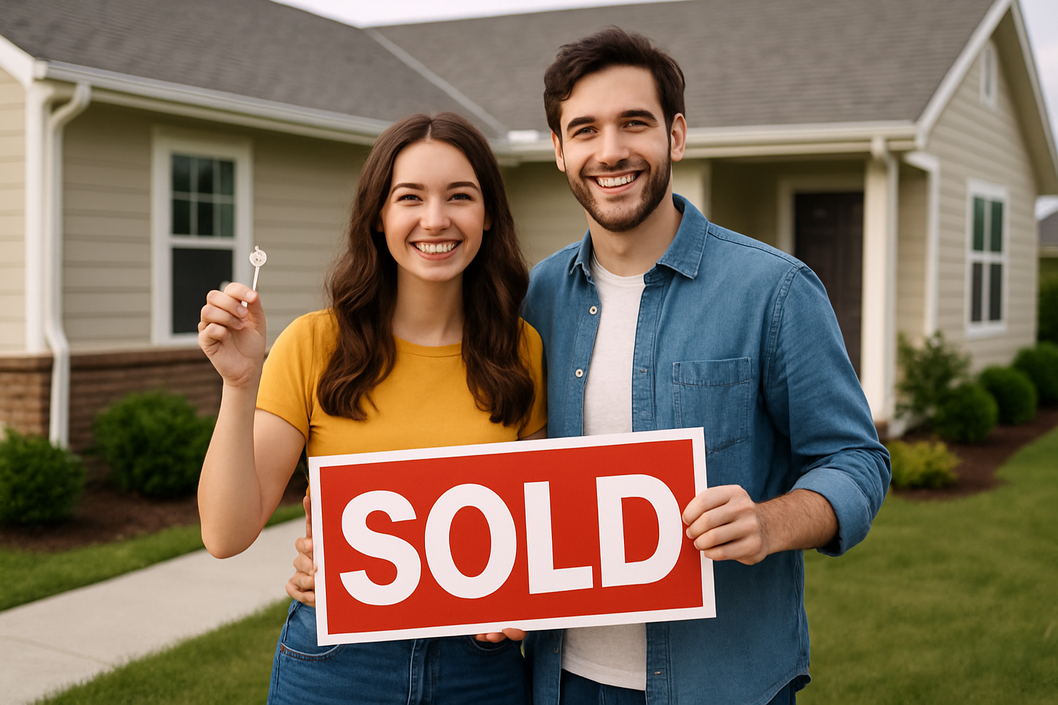 A smiling young couple (or single person) standing in front of a cozy house, holding keys or a "Sold" sign.
