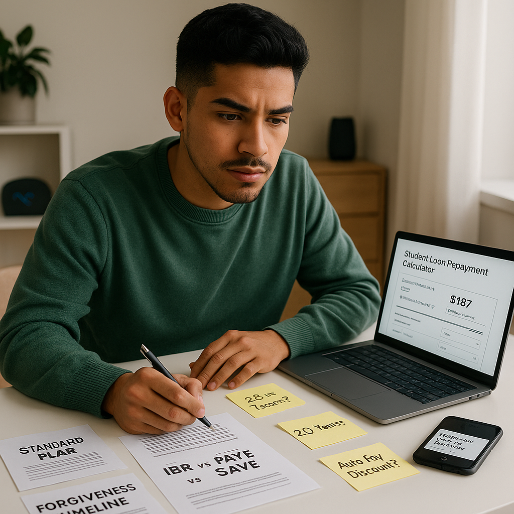 A Latino Gen Z student sits at a desk or dining table with a laptop open to a screen showing a student loan repayment calculator.