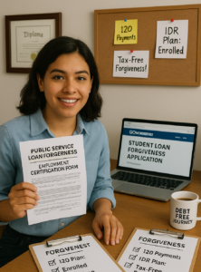 A hopeful young Latino Gen Z professional (e.g., a teacher, nurse, or nonprofit worker) sits at a desk holding a “PSLF Employment Certification Form” with a checklist of forgiveness steps next to them.