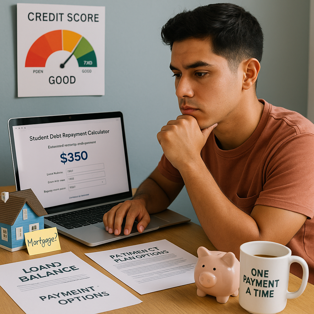 A young Latino or Latina adult sits at a desk with a student debt repayment calculator open on their laptop, while around them are symbols of major financial decisions