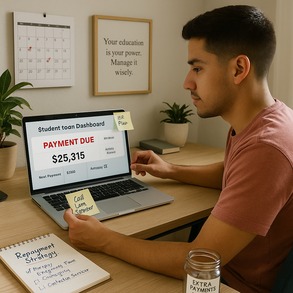 young Latino Gen Z borrower sits in a tidy home workspace, checking a student loan dashboard on a laptop or tablet. Key elements in the s