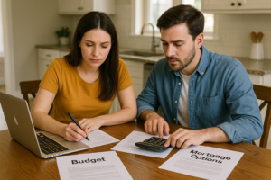 couple sitting at a kitchen table, reviewing their finances. Open laptop, calculator, papers labeled “Budget,” “Savings Plan,” and “Mortgage Options.”