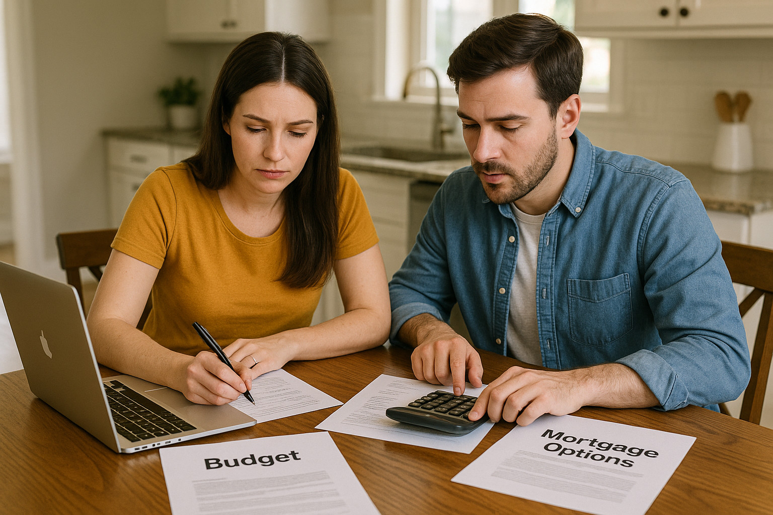 couple sitting at a kitchen table, reviewing their finances. Open laptop, calculator, papers labeled “Budget,” “Savings Plan,” and “Mortgage Options.”