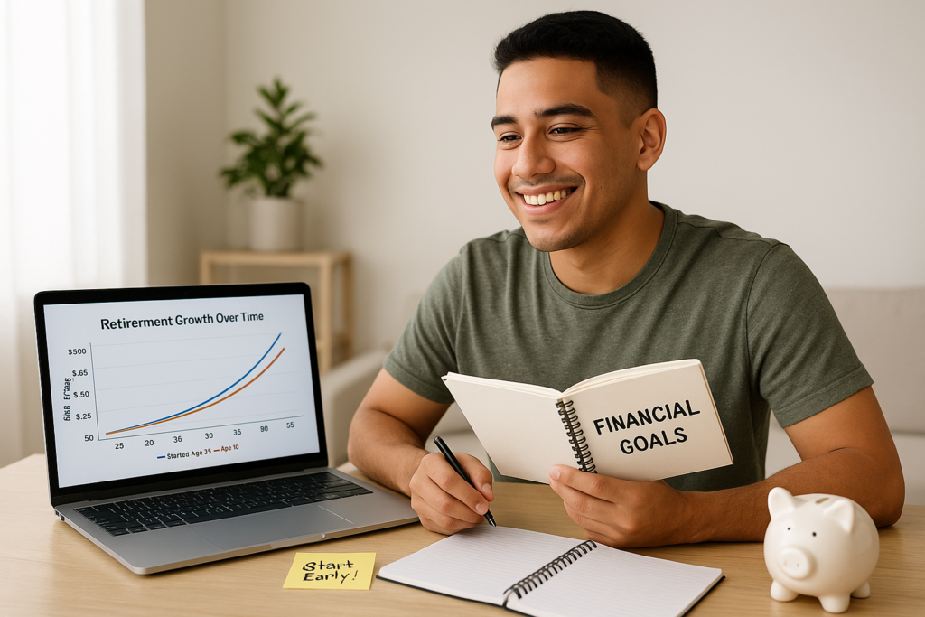 young Latino Gen Z man sits in a clean, bright space (home office or minimalist living room), smiling confidently while reviewing a digital graph on his laptop titled “Retirement Growth Over Time.
