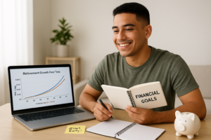 young Latino Gen Z man sits in a clean, bright space (home office or minimalist living room), smiling confidently while reviewing a digital graph on his laptop titled “Retirement Growth Over Time.