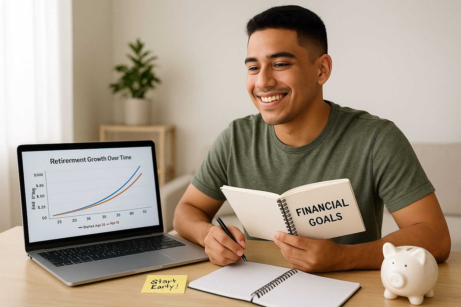young Latino Gen Z man sits in a clean, bright space (home office or minimalist living room), smiling confidently while reviewing a digital graph on his laptop titled “Retirement Growth Over Time.