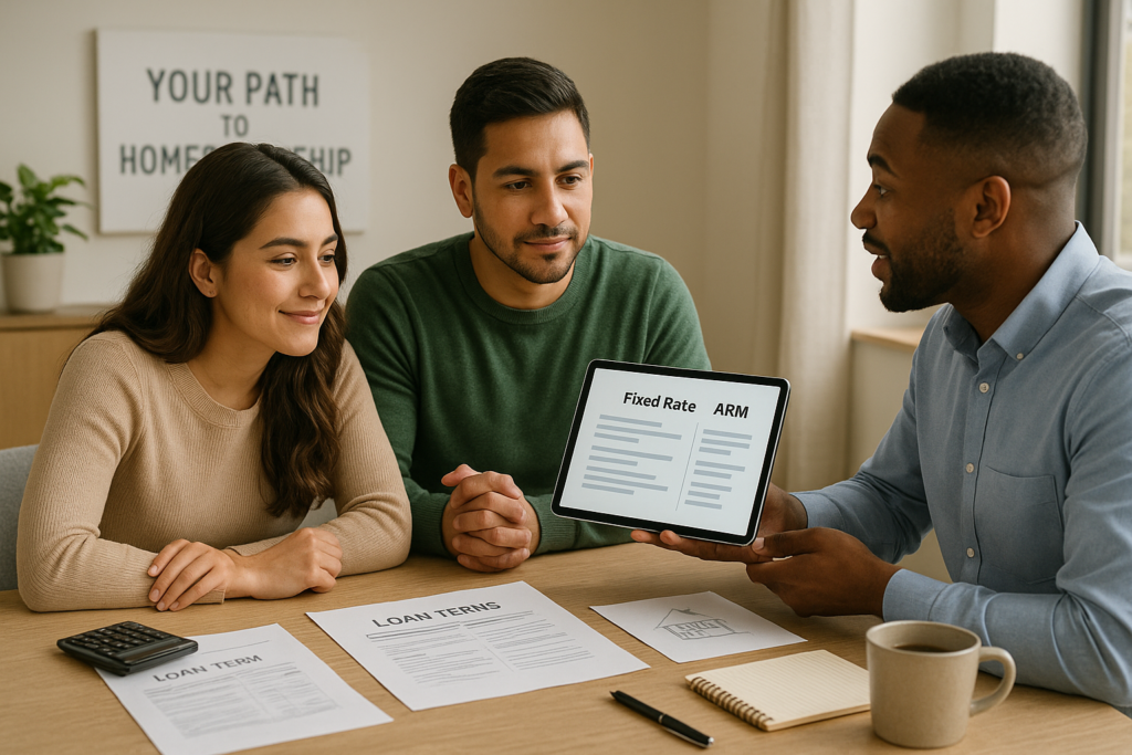 A young couple sits at a modern dining table with a mortgage advisor.