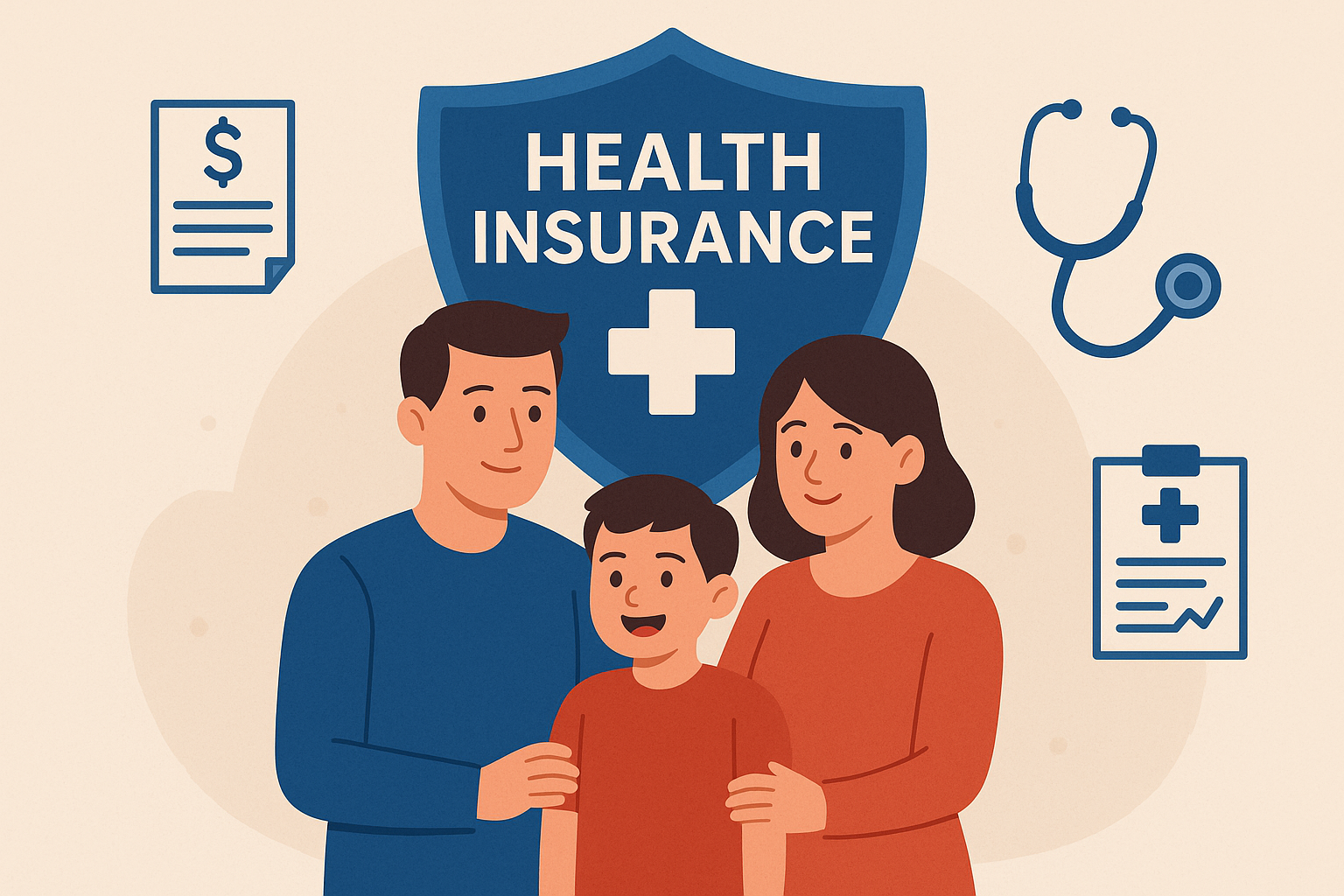 A family of three (parents and child) with a shield or umbrella labeled “Health Insurance” protecting them from symbols like a hospital bill, stethoscope, and medical chart.