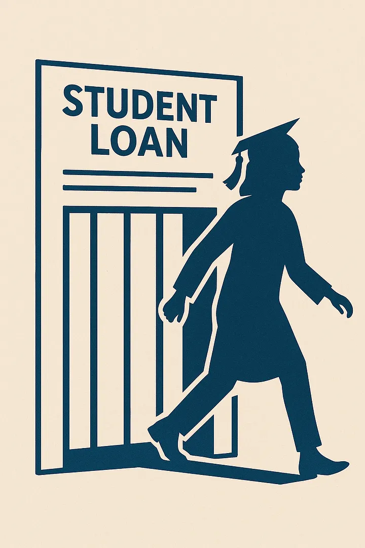 Graduate in cap and gown walks out of a barred “Student Loan” door, symbolizing escape from debt or pursuit of financial freedom.