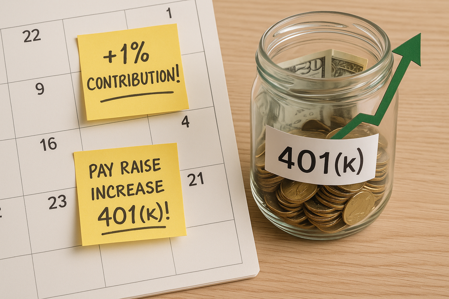Beside it, a jar labeled “401(k)” gradually filling with coins and dollar bills, with a green arrow rising.
