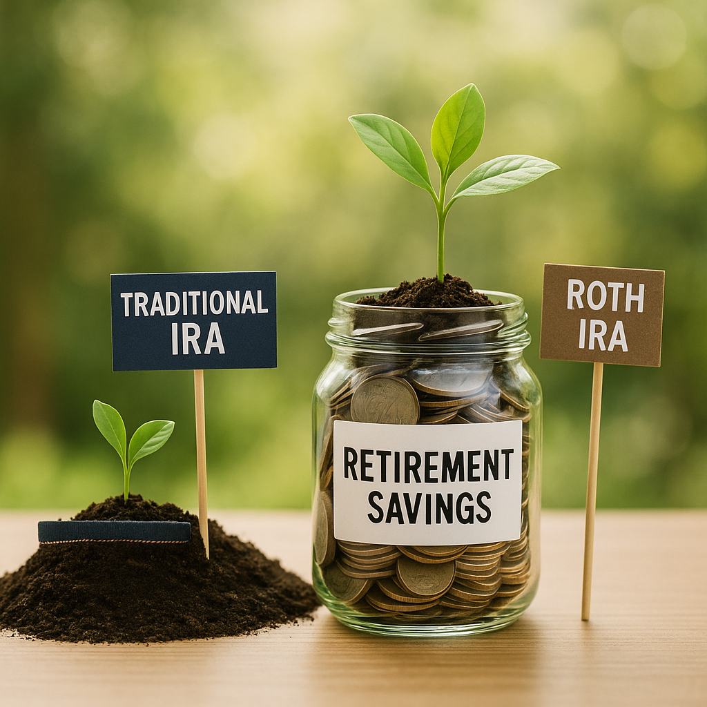 A young plant growing out of a glass jar filled with coins. Two signs in the soil read: “Traditional IRA” (slightly shorter plant) “Roth IRA” (slightly taller plant) The jar is labeled “Retirement Savings.”