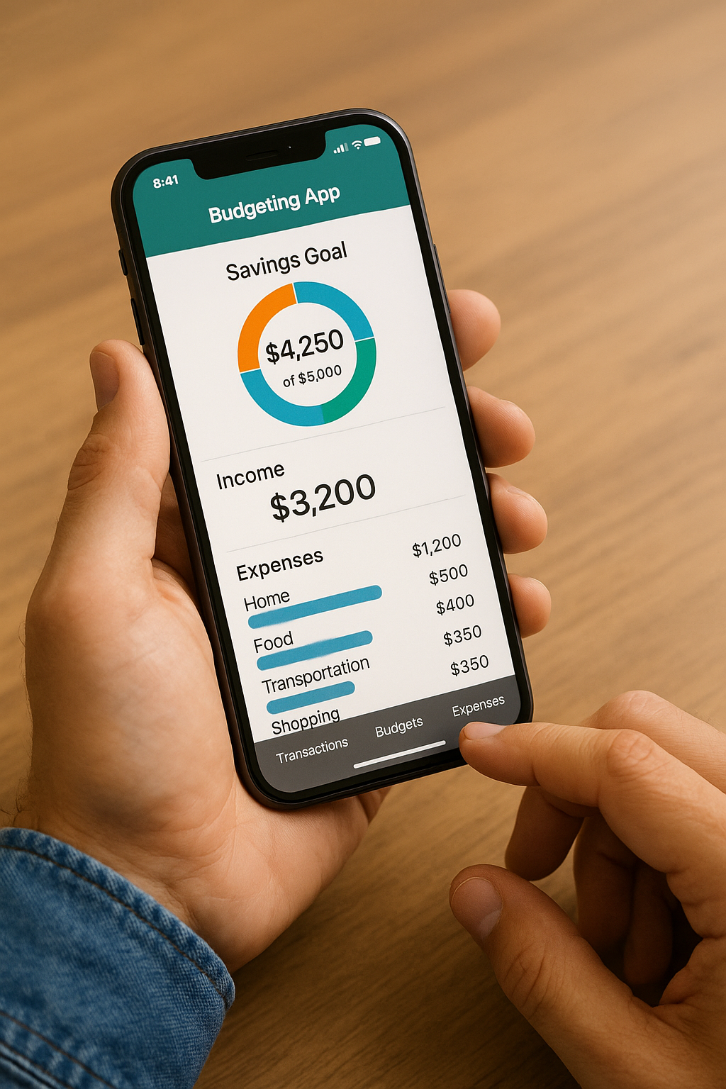 Close-up of a smartphone displaying a budgeting app interface. The screen could show graphs, savings goals, or real-time financial progress.