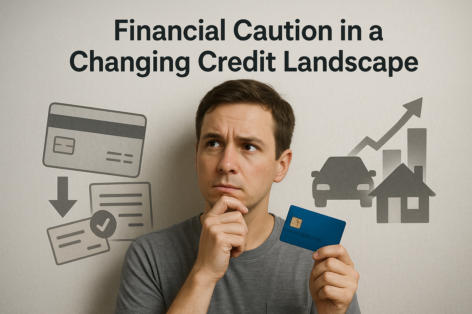 A modern, realistic illustration showing a thoughtful consumer (gender-neutral or mixed group) holding a credit card but hesitating to use it. In the background, there’s a split visual: one side has debt payoff symbols (e.g., a shrinking credit card balance or bills with check marks), while the other side shows rising auto loan/mortgage charts.