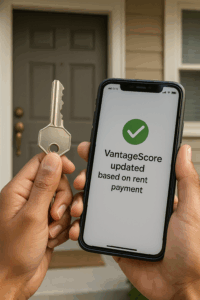 A close-up of two hands in front of a house door—one hand is holding a house key, and the other is holding a smartphone. On the phone screen, a notification reads: “VantageScore updated based on rent payment” with a large green checkmark icon above the message. The background features a front porch with a closed door, symbolizing new home access and financial progress. The image conveys a sense of achievement, empowerment, and the modern link between rental history and credit building.