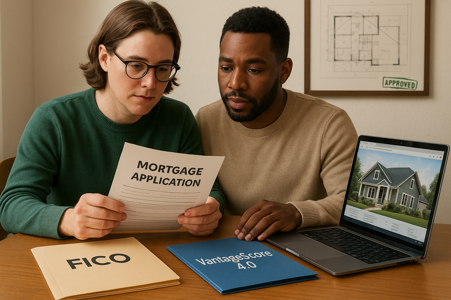 A realistic scene showing a diverse couple (or solo buyer) sitting at a desk with a mortgage application in front of them. On the desk are two folders labeled “FICO” and “VantageScore 4.0,” and a laptop screen displaying a house listing. The background wall features a home blueprint or a small “Approved” stamp.