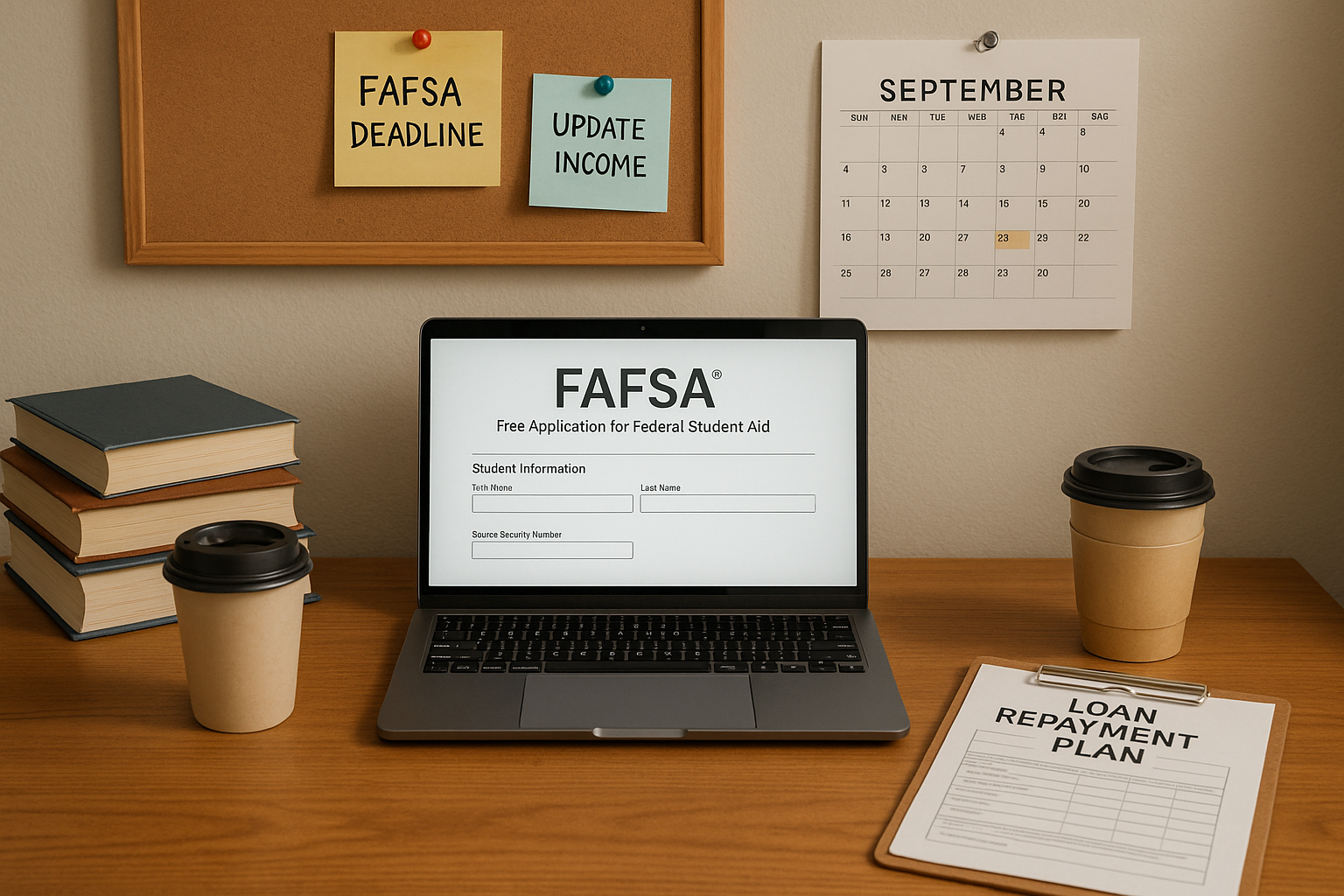 A realistic, well-lit college dorm desk scene. An open laptop displays a FAFSA form, alongside a stack of textbooks, a reusable coffee cup, and a clipboard labeled “Loan Repayment Plan.” In the background, a corkboard shows pinned reminders: “FAFSA Deadline,” “Update Income,” and “Interest Resumed.” A calendar on the wall shows the month of September with a few highlighted dates.